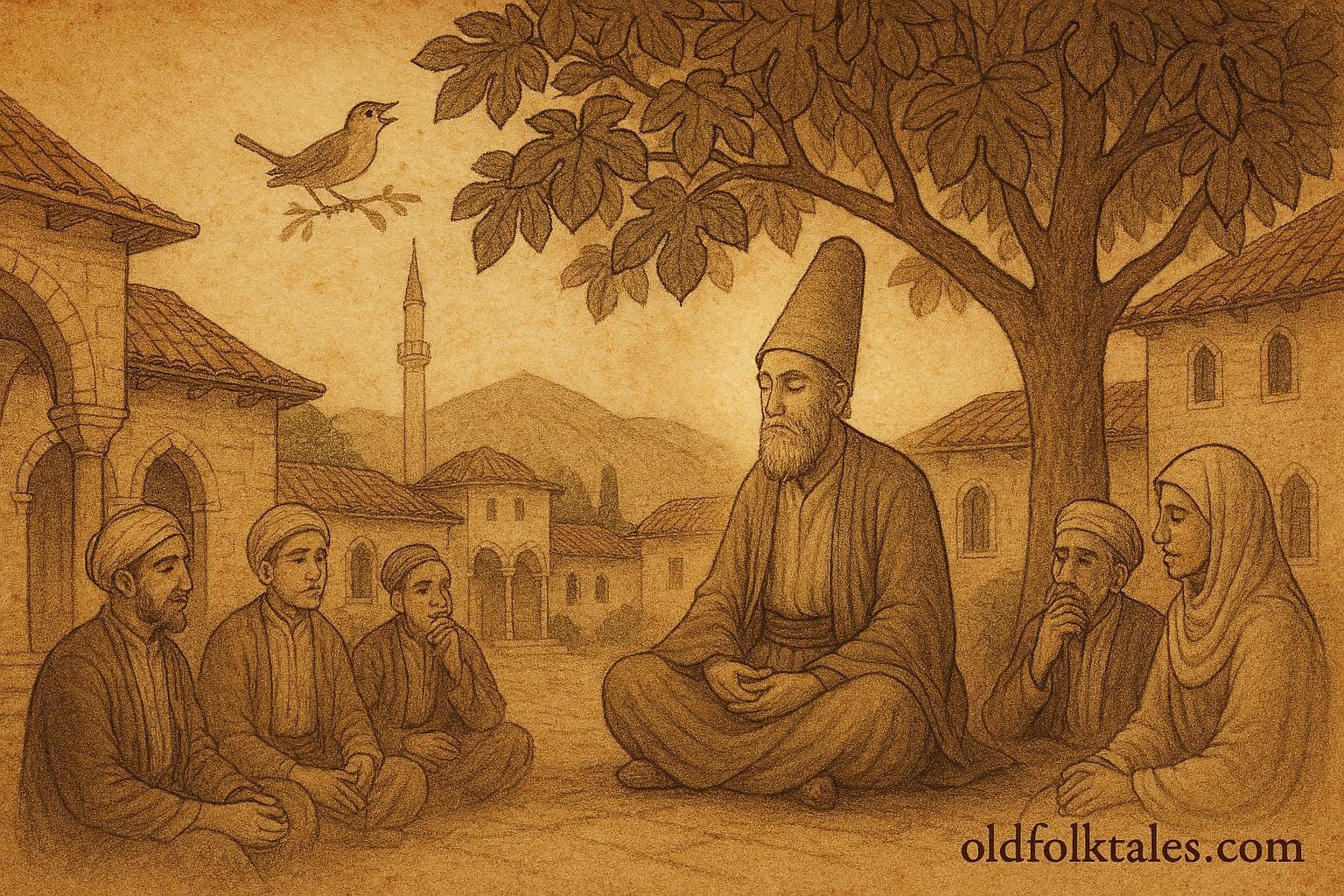 An illustration of Bosnian dervish beneath fig tree with talking nightingale.