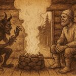 Parchment-style artwork of Finnish farmer outwitting Devil in rustic sauna.