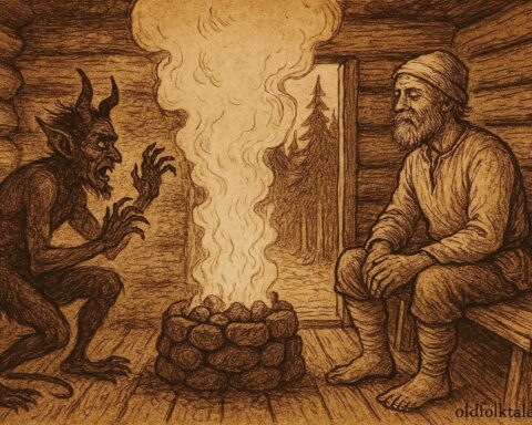 Parchment-style artwork of Finnish farmer outwitting Devil in rustic sauna.