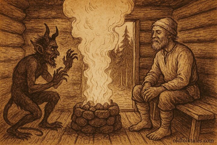 Parchment-style artwork of Finnish farmer outwitting Devil in rustic sauna.