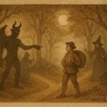 An illustration of devil and witches confronting a merchant in a French forest, 18th-century folktale scene.