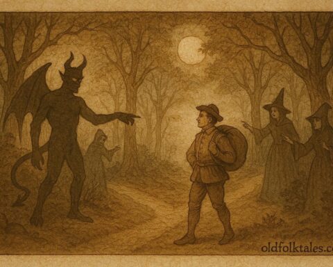 An illustration of devil and witches confronting a merchant in a French forest, 18th-century folktale scene.