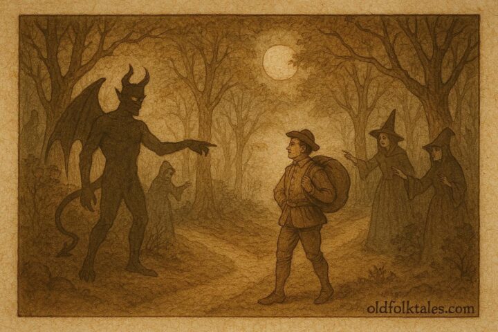 An illustration of devil and witches confronting a merchant in a French forest, 18th-century folktale scene.