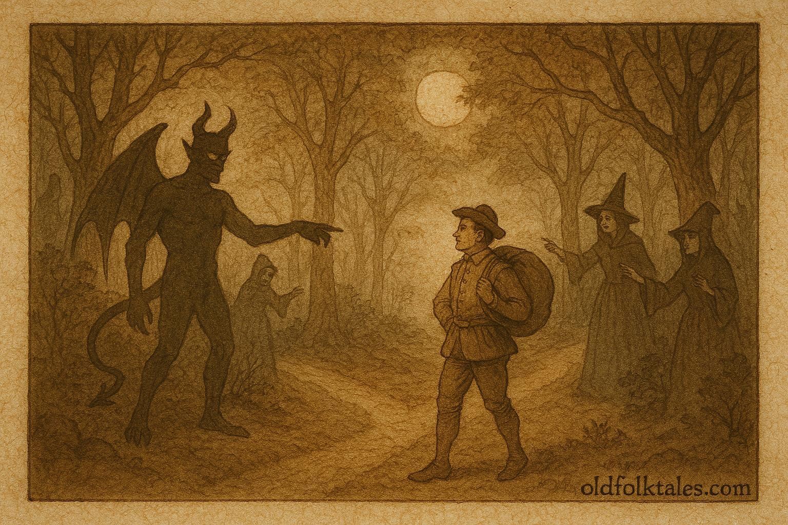 An illustration of devil and witches confronting a merchant in a French forest, 18th-century folktale scene.