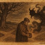 Parchment-style illustration of Serbian man trapping the Devil at a crossroads at night.