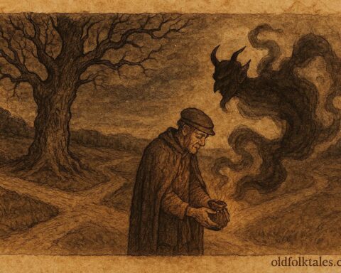 Parchment-style illustration of Serbian man trapping the Devil at a crossroads at night.