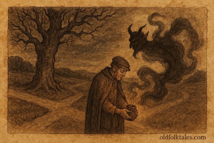 Parchment-style illustration of Serbian man trapping the Devil at a crossroads at night.