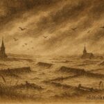 Parchment-style artwork of flooded Saeftinghe fields, Dutch legend of a land lost to the sea.