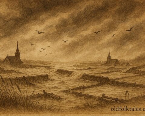 Parchment-style artwork of flooded Saeftinghe fields, Dutch legend of a land lost to the sea.