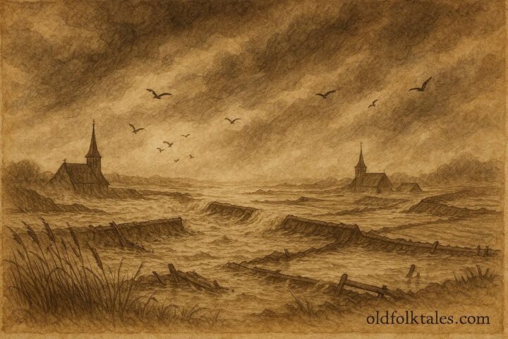 Parchment-style artwork of flooded Saeftinghe fields, Dutch legend of a land lost to the sea.