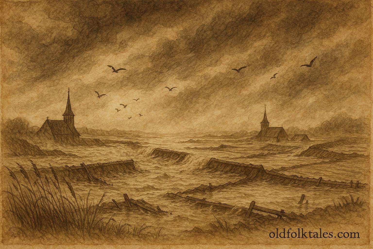Parchment-style artwork of flooded Saeftinghe fields, Dutch legend of a land lost to the sea.