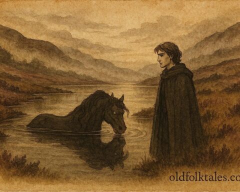 An artwork of water horse spirit at Scottish loch, Highland legend scene.