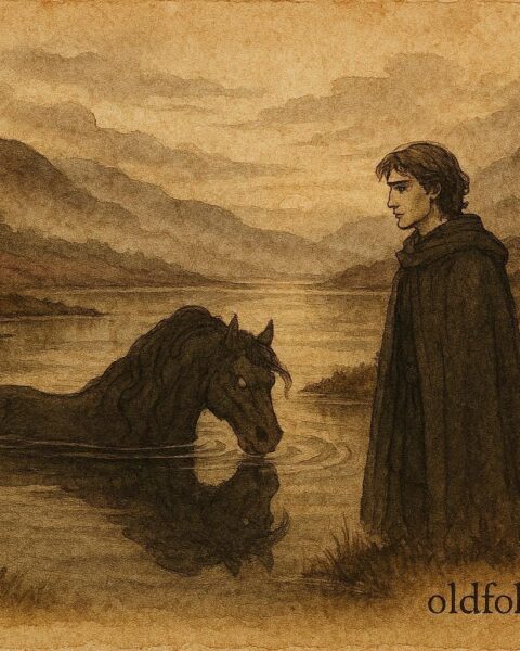 An artwork of water horse spirit at Scottish loch, Highland legend scene.