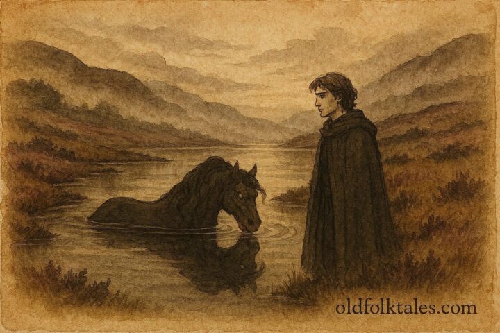 An artwork of water horse spirit at Scottish loch, Highland legend scene.
