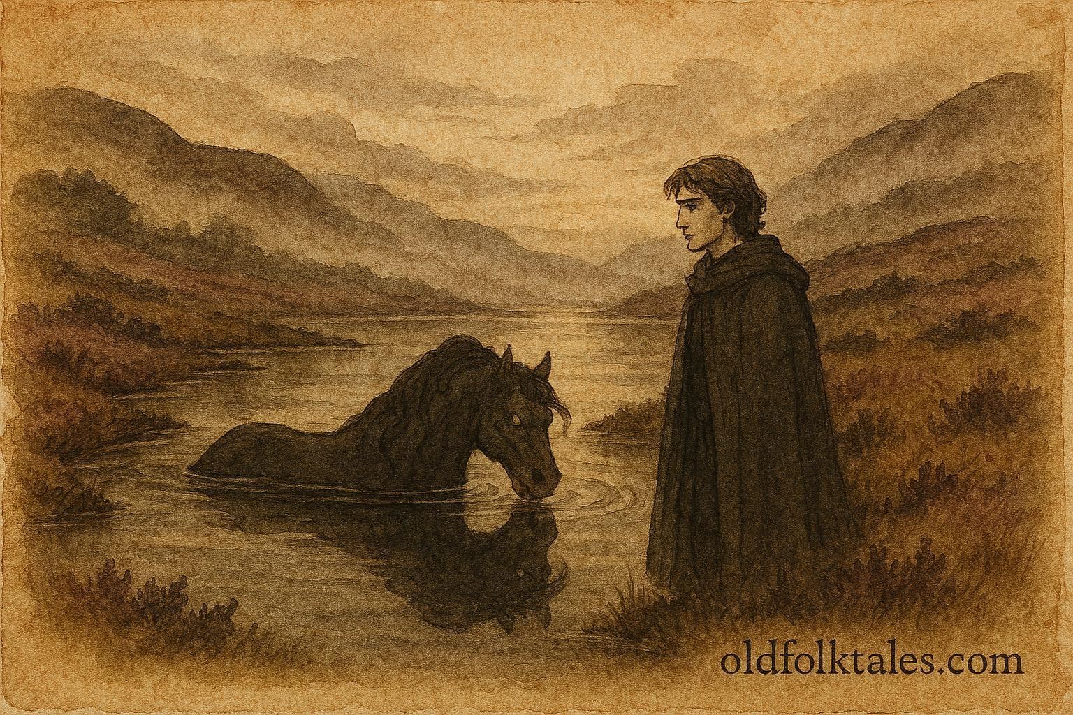 An artwork of water horse spirit at Scottish loch, Highland legend scene.