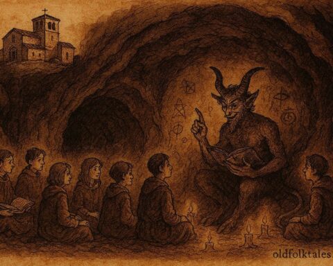 An artwork of students learning forbidden arts from the Devil beneath Church of San Cebrián, Salamanca folktale.