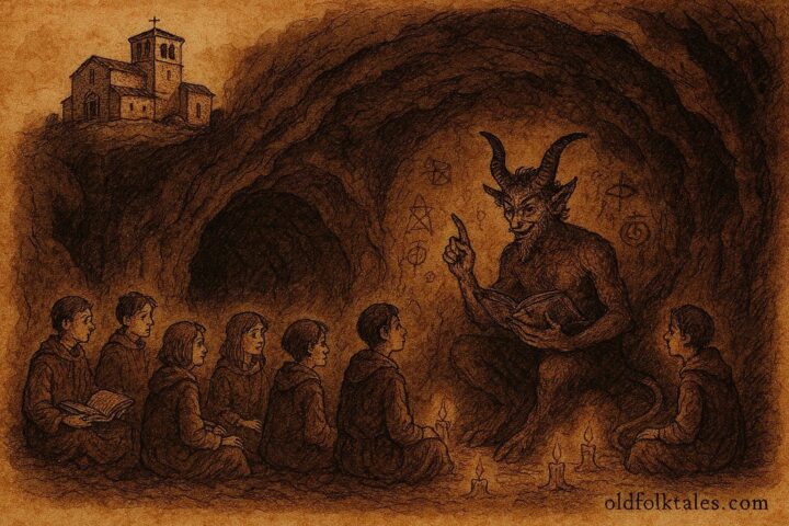 An artwork of students learning forbidden arts from the Devil beneath Church of San Cebrián, Salamanca folktale.