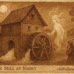 An illustration of the enchanted mill grinding at night with a protective spirit, Luxembourg folktale scene.