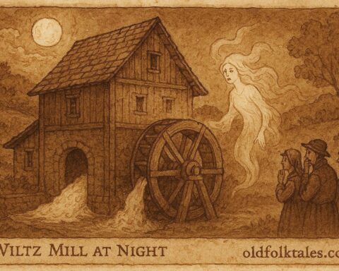 An illustration of the enchanted mill grinding at night with a protective spirit, Luxembourg folktale scene.