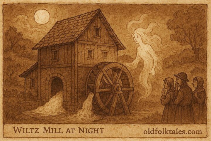 An illustration of the enchanted mill grinding at night with a protective spirit, Luxembourg folktale scene.
