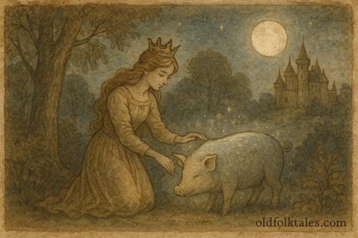 An illustration of the princess caring for the Enchanted Pig, Romanian folklore scene.