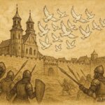 An illustration of white pigeons protecting Gniezno, Polish legend scene.