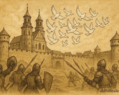 An illustration of white pigeons protecting Gniezno, Polish legend scene.