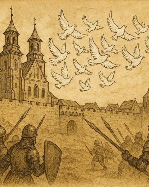 An illustration of white pigeons protecting Gniezno, Polish legend scene.