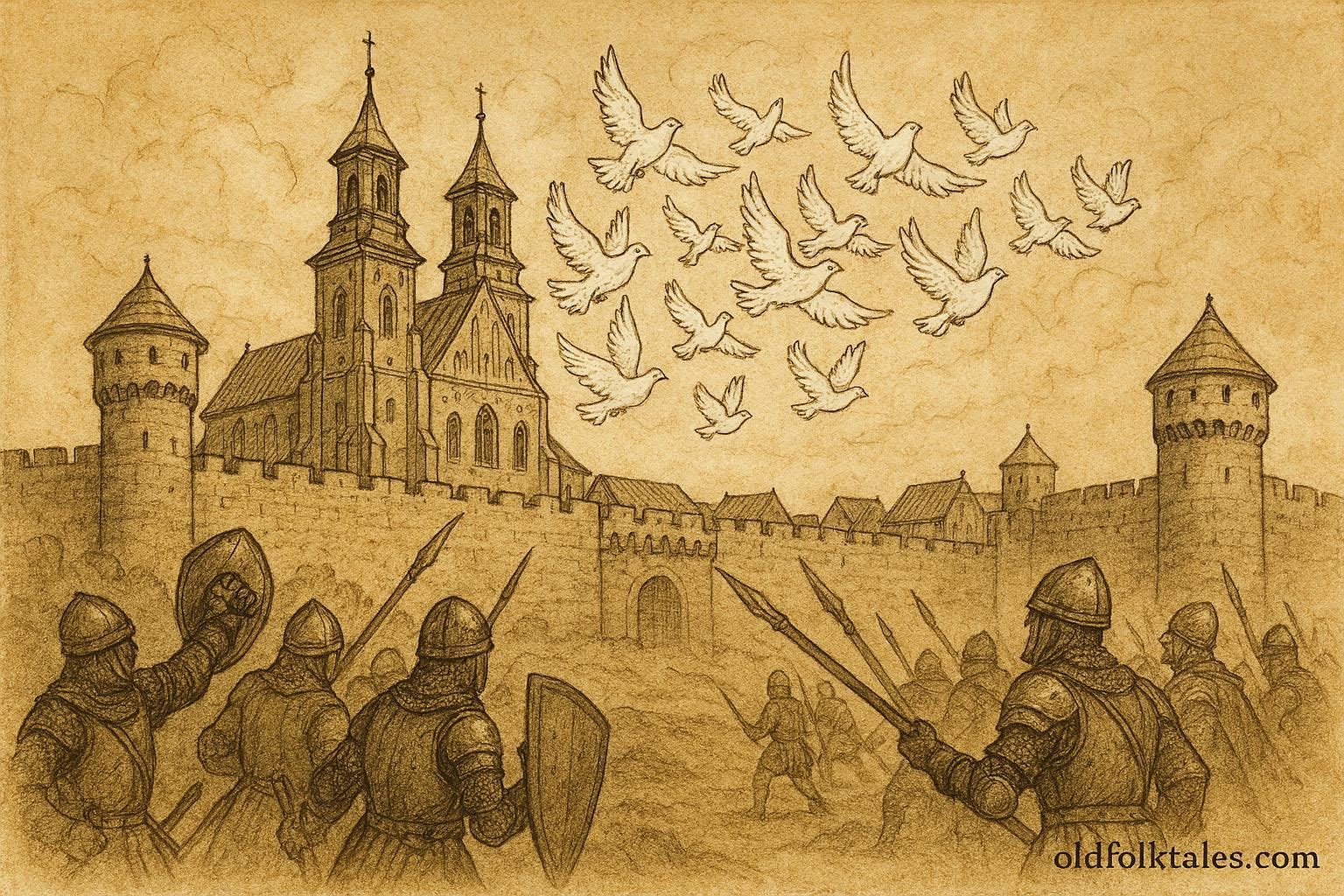 An illustration of white pigeons protecting Gniezno, Polish legend scene.