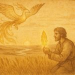 An artwork of shepherd Gábor holding a golden feather, firebird in sunrise, Hungarian plains folklore.