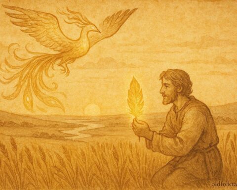 An artwork of shepherd Gábor holding a golden feather, firebird in sunrise, Hungarian plains folklore.