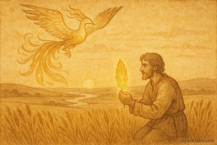 An artwork of shepherd Gábor holding a golden feather, firebird in sunrise, Hungarian plains folklore.