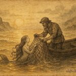 Parchment-style illustration of a fisherman freeing a sea maiden, Portuguese coastal folktale.