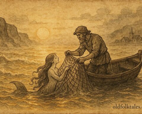 Parchment-style illustration of a fisherman freeing a sea maiden, Portuguese coastal folktale.