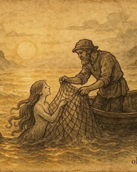 Parchment-style illustration of a fisherman freeing a sea maiden, Portuguese coastal folktale.