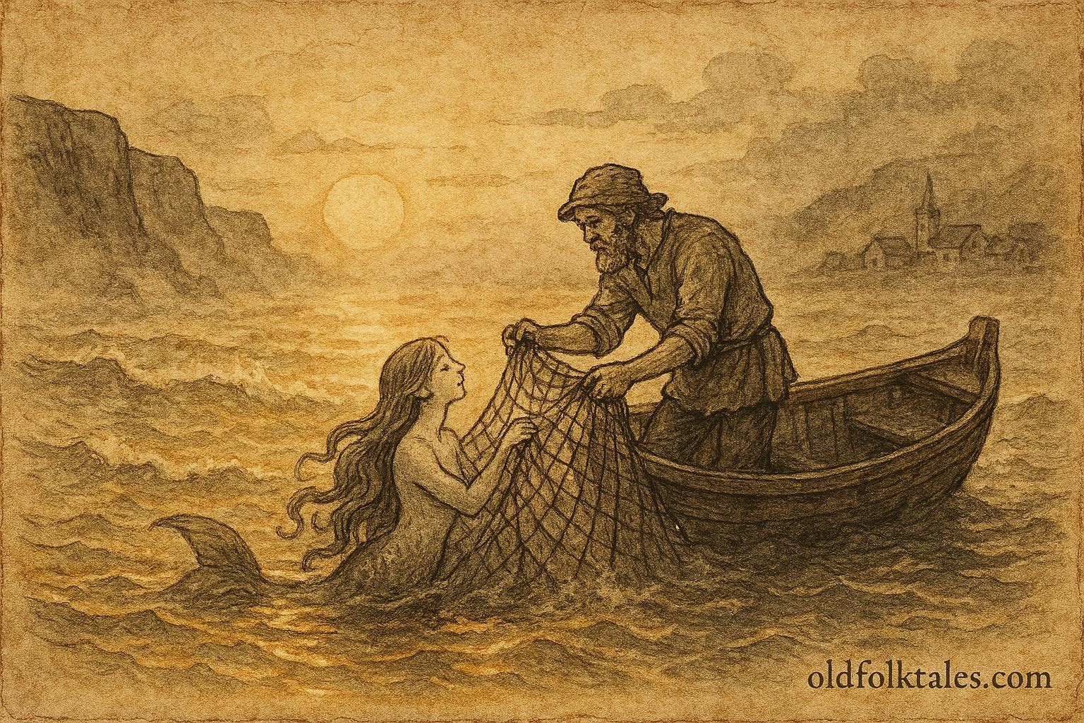 Parchment-style illustration of a fisherman freeing a sea maiden, Portuguese coastal folktale.