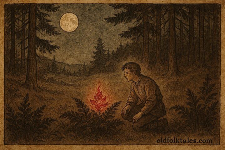 A Polish forest with glowing fern flower on Kupala Night.