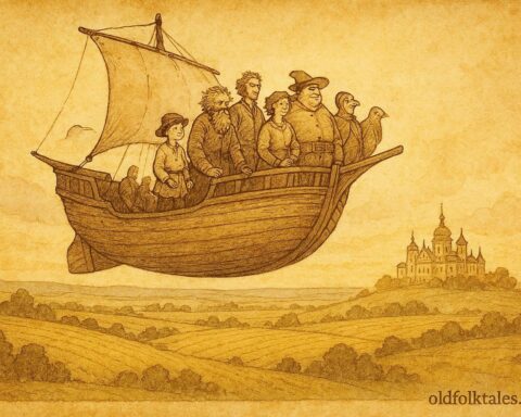 An illustration of Ukrainian flying ship with peasant hero and companions.