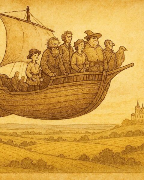 An illustration of Ukrainian flying ship with peasant hero and companions.