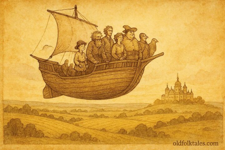 An illustration of Ukrainian flying ship with peasant hero and companions.
