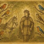 An illustration of a prince guided by talking birds in a Carpathian forest, Romanian folktale scene.