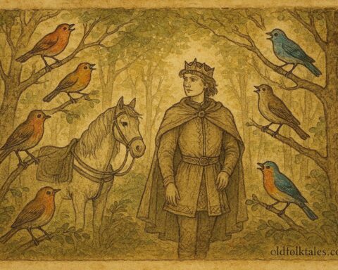 An illustration of a prince guided by talking birds in a Carpathian forest, Romanian folktale scene.