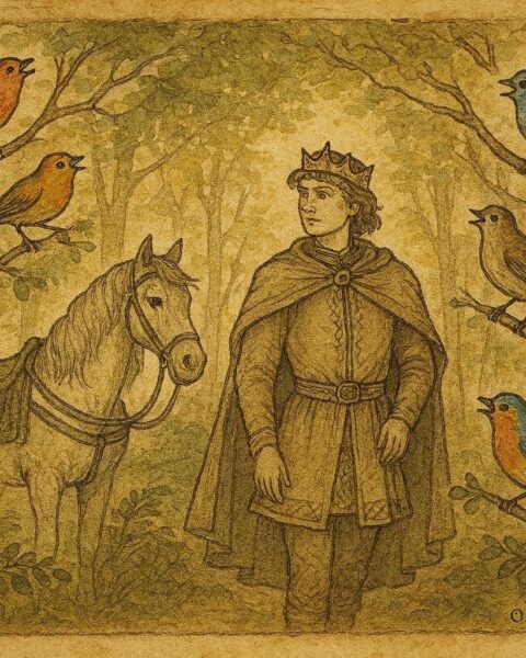 An illustration of a prince guided by talking birds in a Carpathian forest, Romanian folktale scene.