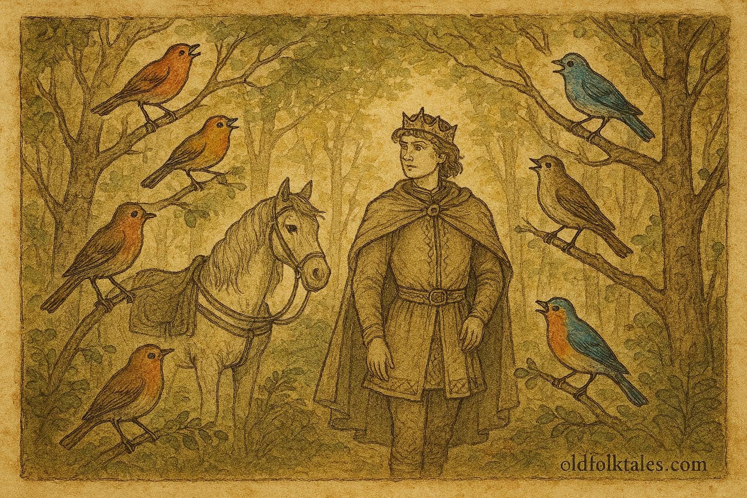 An illustration of a prince guided by talking birds in a Carpathian forest, Romanian folktale scene.