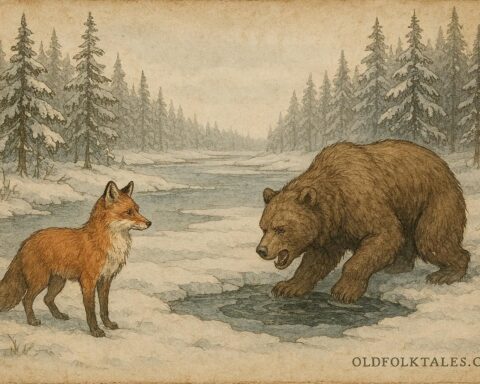 Parchment-style illustration of a fox and bear by a frozen river, Finnish folktale scene.