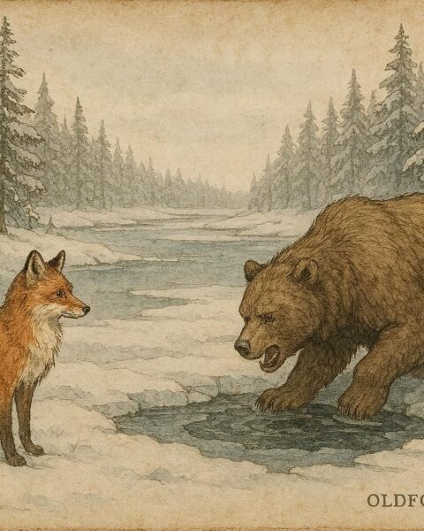 Parchment-style illustration of a fox and bear by a frozen river, Finnish folktale scene.