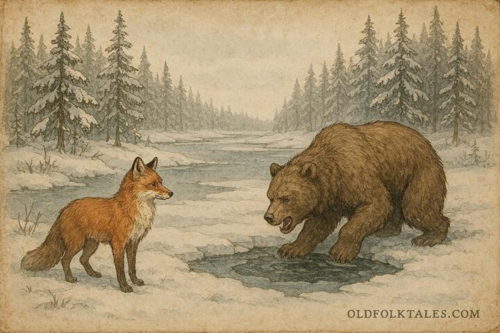 Parchment-style illustration of a fox and bear by a frozen river, Finnish folktale scene.
