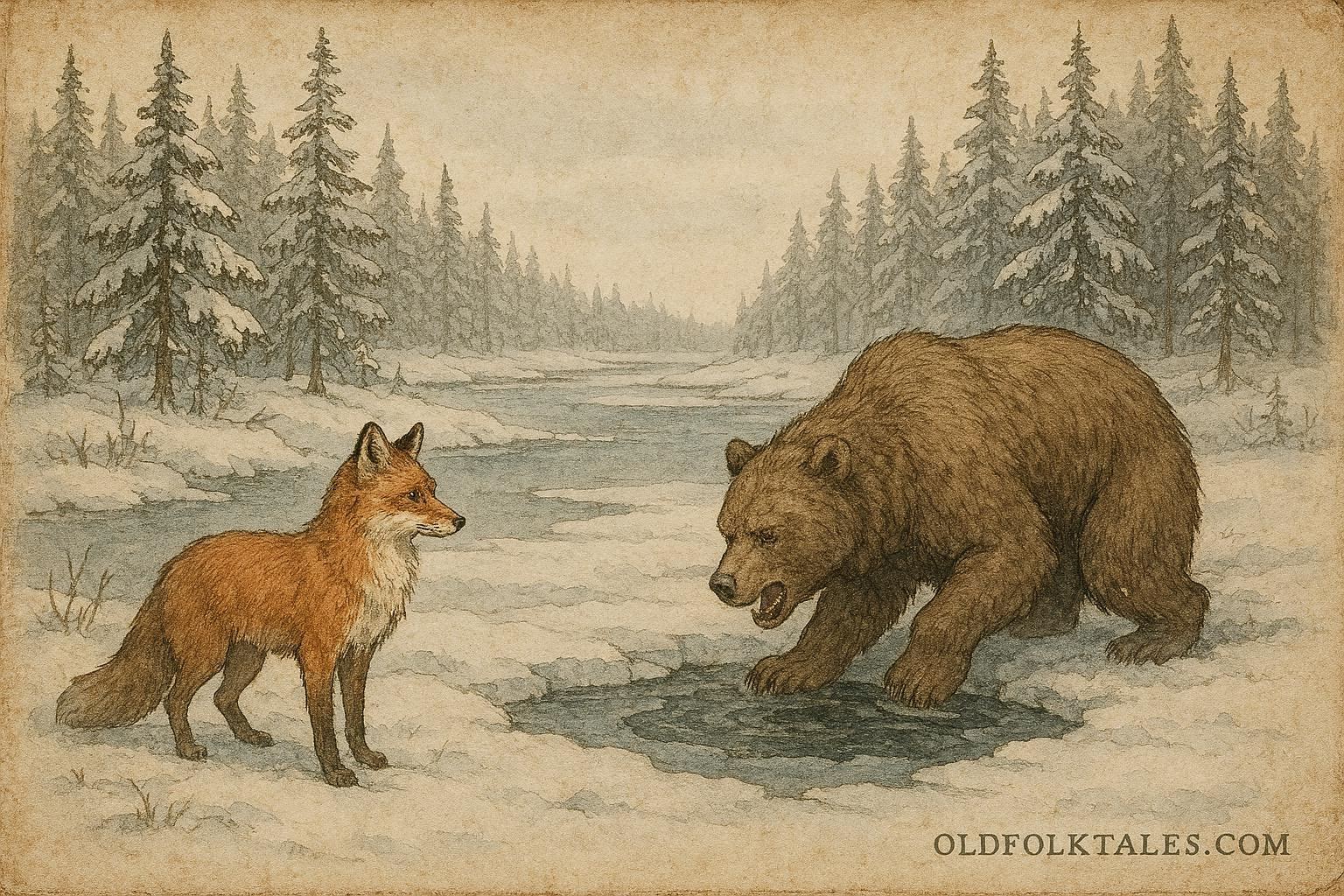 Parchment-style illustration of a fox and bear by a frozen river, Finnish folktale scene.