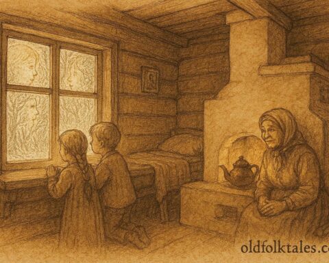 An illustration of children viewing frost spirits on window, Belarusian winter folktale.