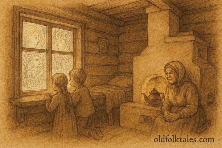 An illustration of children viewing frost spirits on window, Belarusian winter folktale.